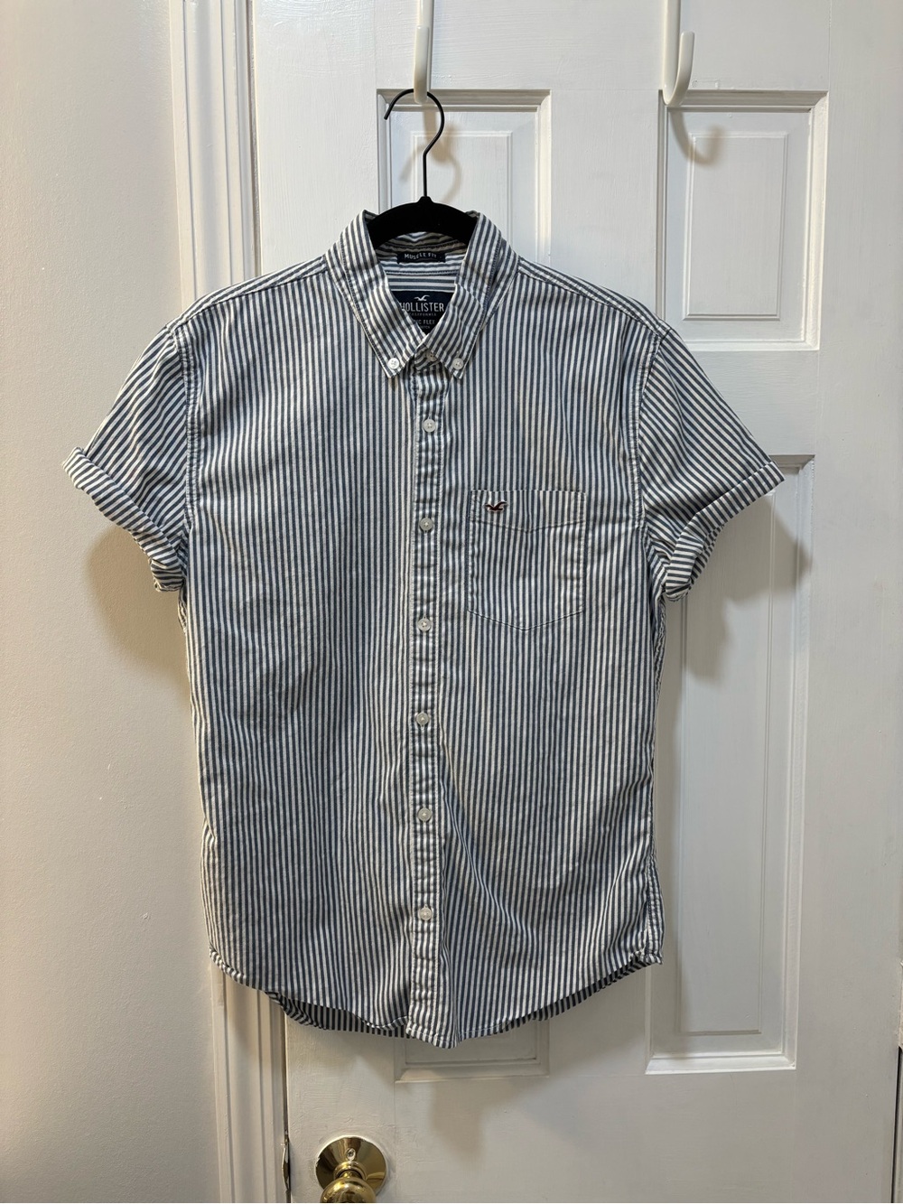 Hollister Men’s Short Sleeve Button-Down — Blue & White Vertical Stripe